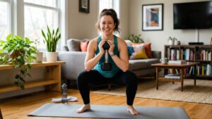 Beginner woman smiling while doing a dumbbell goblet squat at home in a living room