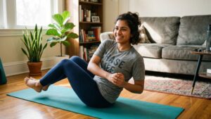 beginner doing 10 minute abs workout at home on yoga mat