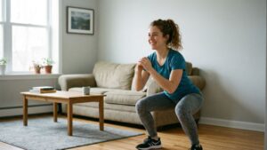 Happy beginner smiling while doing bodyweight squats in a simple living room