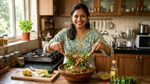 smiling Indian woman preparing fresh salad in kitchen for weight loss diet