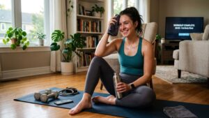 motivated woman resting after finishing a quick 20 minute full body workout at home