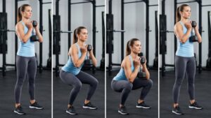 Clear demonstration of goblet squat form holding a dumbbell at chest level
