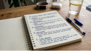 Notebook with SMART fitness goals written neatly