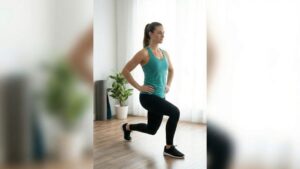 clear step-by-step photos showing correct form for squats, push-ups, plank, and lunges in a home setting