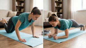 Beginner performing knee push-ups and planks with correct form at home