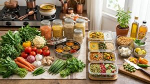 colorful Indian grocery items laid out for healthy weight loss meal prep