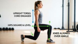 Reverse lunge step showing alignment of knees and hips