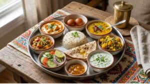 Colorful balanced Indian thali meal plate suitable for beginners