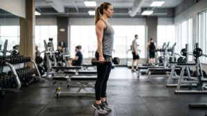 Standing calf raise holding dumbbells