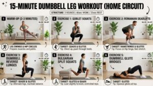 Visual overview or collage of the full 15-minute dumbbell leg workout circuit performed at home