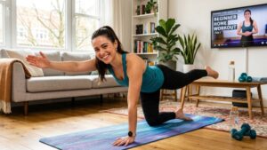 Happy woman starting beginner exercises at home with no equipment