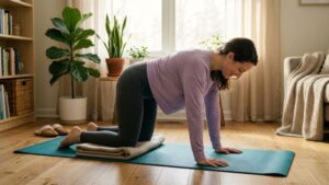 Beginner practicing gentle yoga for lower back pain relief at home on a yoga mat