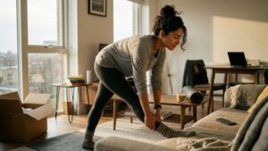 busy woman doing morning stretch at home