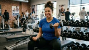 A happy beginner woman using dumbbells at the gym