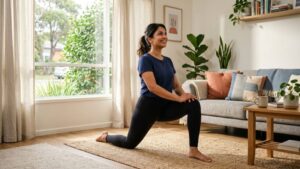 woman doing morning stretching at home for weight loss beginner 30 day challenge
