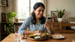 Smiling beginner checking phone for calorie tracking while sitting at home with a plate of healthy Indian meal