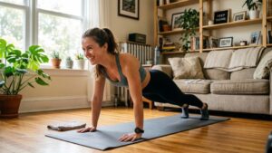 smiling beginner doing push-ups at home in a small living room with natural light, motivational and realistic vibe