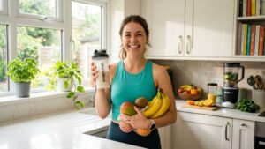 Beginner smiling with protein shake and healthy foods