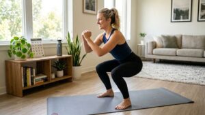 beginner performing safe bodyweight workout at home with proper form on a yoga mat