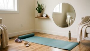 Simple home workout space for beginners with yoga mat
