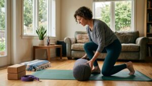 Safe preparation setup for home yoga for back pain with props