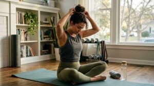woman preparing for home stretching routine