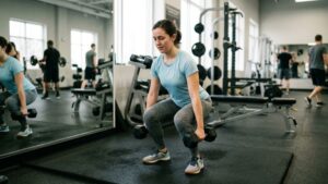 Beginner doing squats with dumbbells