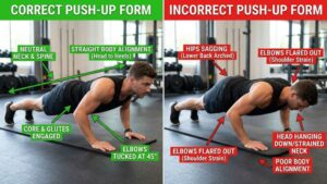 side-by-side comparison of correct vs incorrect push-up form