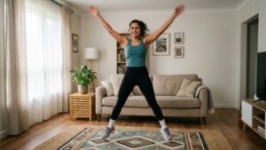 woman jumping jacks home workout বা cardio at home living room