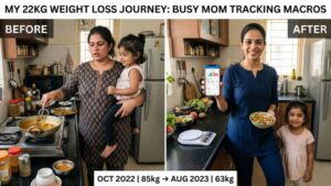 Before-after photo of a busy Indian woman who lost weight by tracking macros