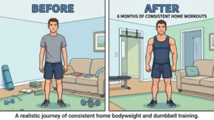 simple before-and-after-style illustration showing realistic home muscle gain progress