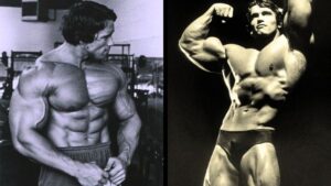 Arnold Schwarzenegger classic bodybuilding pose on stage in his prime, 1970s