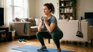 Beginner performing safe leg exercises at home with dumbbells