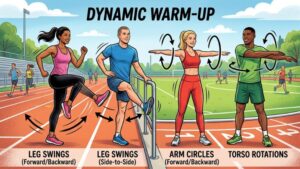 illustration of dynamic warm-up exercises like leg swings and arm circles