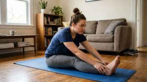 beginner doing full body stretch at home