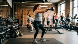 Person doing kettlebell swings at gym