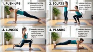 clear demonstration collage of push-ups, squats, lunges, and planks performed at home