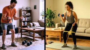 Beginner doing home workout with dumbbells and resistance bands in a living room