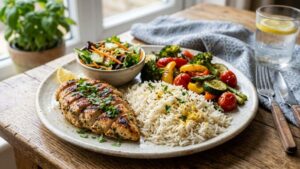 Balanced high-protein meal plate with chicken or paneer, rice, and vegetables