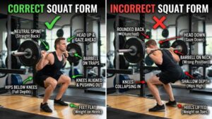 side-by-side correct vs incorrect squat form with clear labels