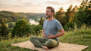 man practicing deep breathing exercise outdoors – alt text: "Simple breathing technique for stress relief and mental health