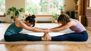 seated partner yoga forward fold for hamstring stretch