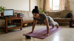 Busy Indian woman performing bodyweight exercises at home