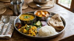 realistic Indian home-cooked high-protein meal plate with dal, paneer, roti, vegetables, and rice
