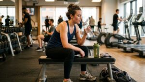 Person resting with water or protein shake after a workout