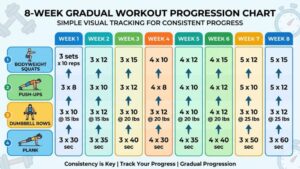 simple workout progression chart showing gradual increases over 8 weeks