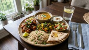 balanced Indian-style post-workout meal plate with protein, veggies, and carbs