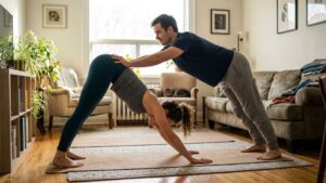 assisted downward dog partner yoga for back stretch