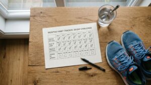 Printable 30 day weight loss challenge checklist for beginners at home showing daily workout, water intake, and sleep tracking