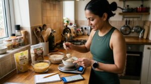 Person weighing dal and rice on kitchen scale for accurate macro tracking
